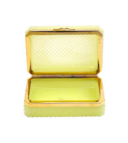 Antique Diamond Cut Soft Lemon Yellow Opaline Glass Casket