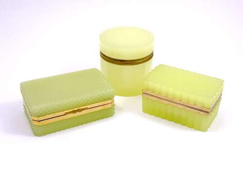 Antique Diamond Cut Soft Lemon Yellow Opaline Glass Casket