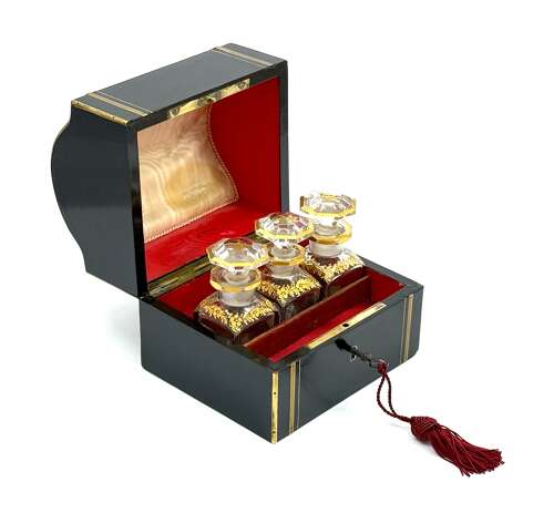 Antique French Ebonised Wood Perfume Casket with Fine Brass Inlay