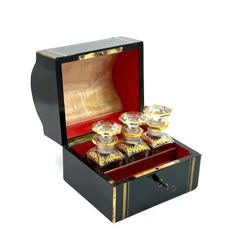 Antique French Ebonised Wood Perfume Casket with Fine Brass Inlay