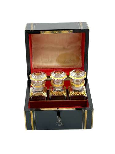 Antique French Ebonised Wood Perfume Casket with Fine Brass Inlay