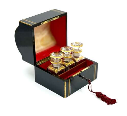 Antique French Ebonised Wood Perfume Casket with Fine Brass Inlay