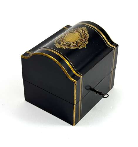 Antique French Ebonised Wood Perfume Casket with Fine Brass Inlay