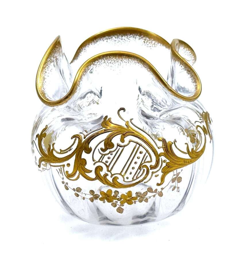 Miniature Antique French St Louis Crystal Glass Gold Enamelled Bowl with Undulating Rim.