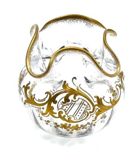 Miniature Antique French St Louis Crystal Glass Gold Enamelled Bowl with Undulating Rim.