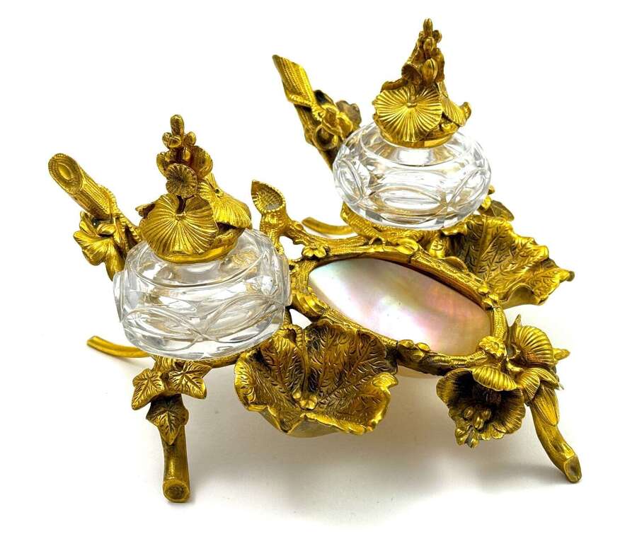A Large Antique French Double Dore Bronze, Crystla and Mother of Pearl Inkwell