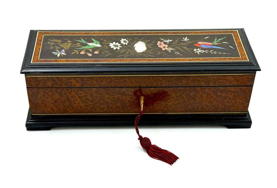 A Fine Antique French Inlaid Wood Box with Mother of Pearl Decoration and Polychrome Inlay
