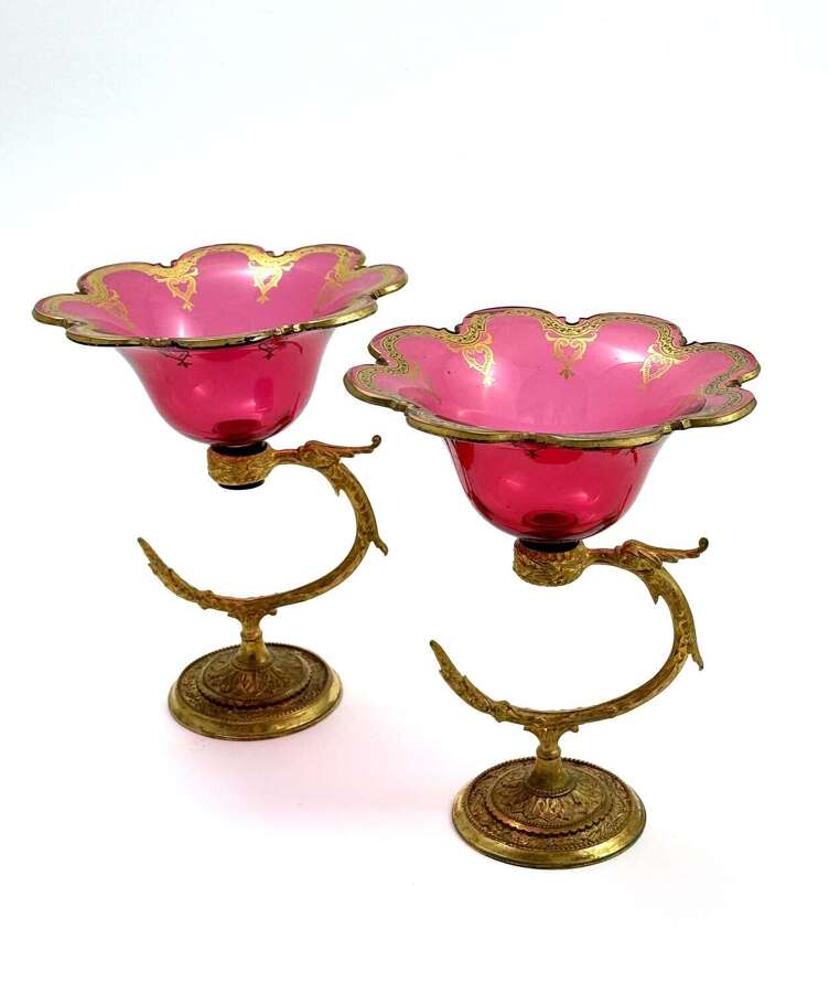 A Fine Pair of Antique French Cranberry Glass Bowls with Dore Bronze Stands