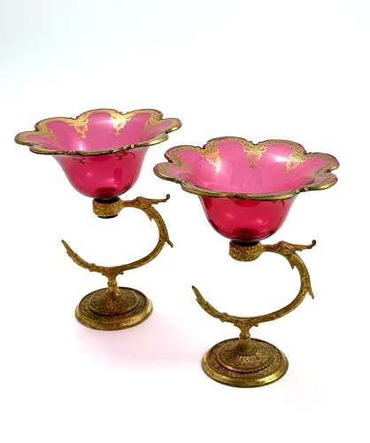 A Fine Pair of Antique French Cranberry Glass Bowls with Dore Bronze Stands