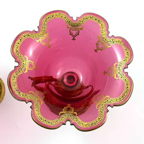 A Fine Pair of Antique French Cranberry Glass Bowls with Dore Bronze Stands