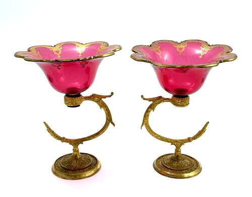 A Fine Pair of Antique French Cranberry Glass Bowls with Dore Bronze Stands