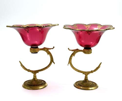 A Fine Pair of Antique French Cranberry Glass Bowls with Dore Bronze Stands