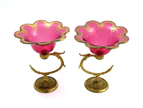 A Fine Pair of Antique French Cranberry Glass Bowls with Dore Bronze Stands
