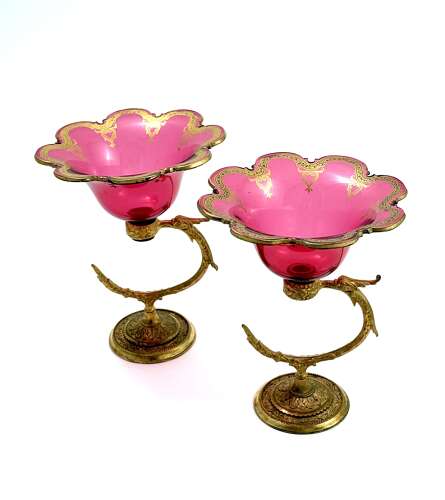 A Fine Pair of Antique French Cranberry Glass Bowls with Dore Bronze Stands