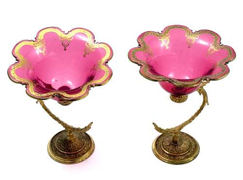 A Fine Pair of Antique French Cranberry Glass Bowls with Dore Bronze Stands