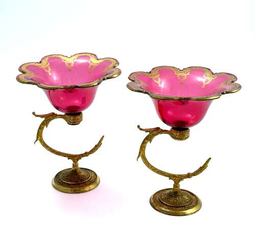 A Fine Pair of Antique French Cranberry Glass Bowls with Dore Bronze Stands