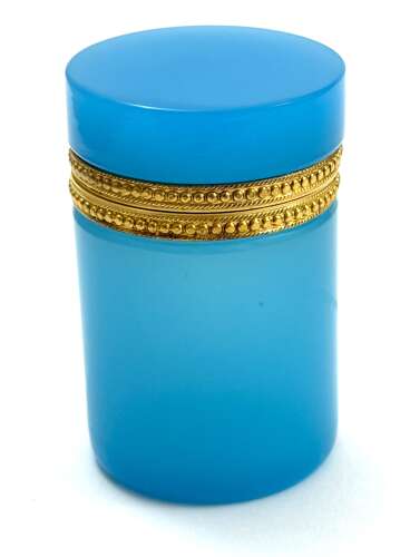 Antique Blue Opaline Glass Cylindrical Casket with Fancy Mounts.