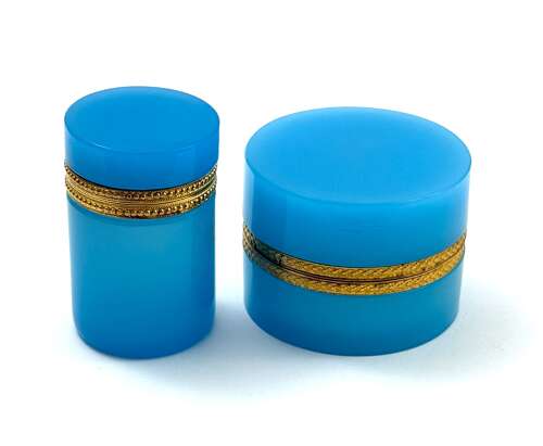 Antique Blue Opaline Glass Cylindrical Casket with Fancy Mounts.