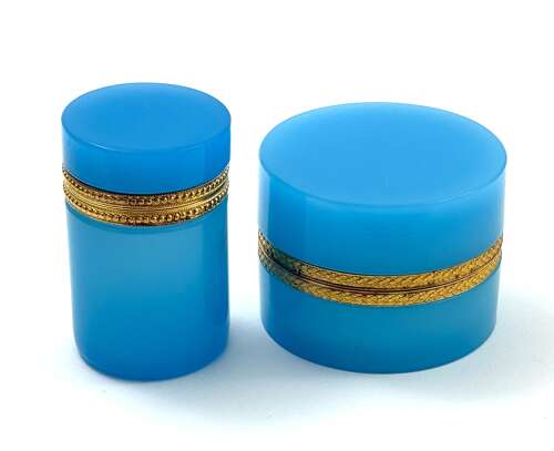 Antique Blue Opaline Glass Cylindrical Casket with Fancy Mounts.