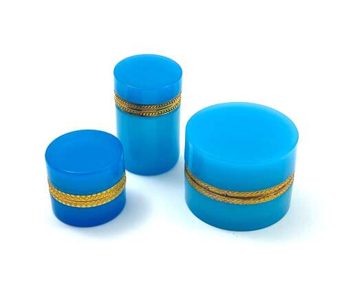 Antique Blue Opaline Glass Cylindrical Casket with Fancy Mounts.