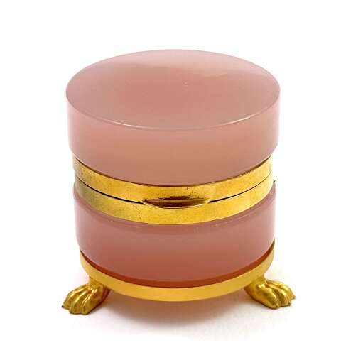 Antique Miniature Pink Opaline Glass Box with Fancy Dore Bronze Feet
