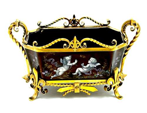 A High Quality French Enamel Vide Poche with Hand Painted Cherubs and Vermeil Mounts