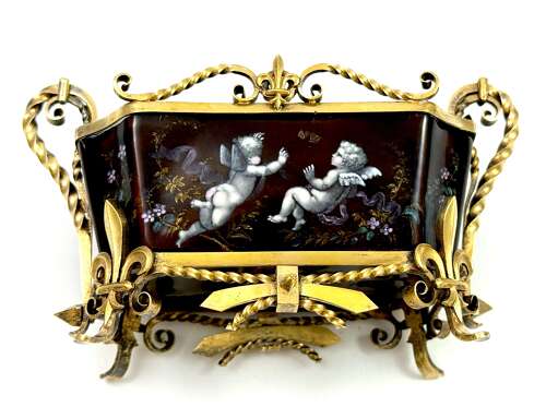 A High Quality French Enamel Vide Poche with Hand Painted Cherubs and Vermeil Mounts