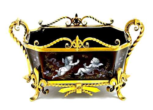 A High Quality French Enamel Vide Poche with Hand Painted Cherubs and Vermeil Mounts