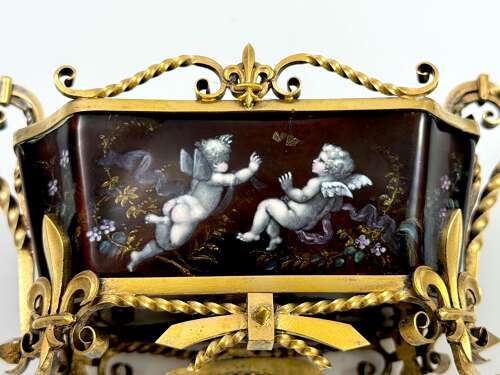 A High Quality French Enamel Vide Poche with Hand Painted Cherubs and Vermeil Mounts