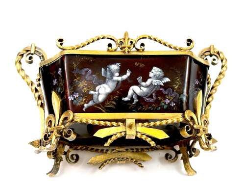 A High Quality French Enamel Vide Poche with Hand Painted Cherubs and Vermeil Mounts