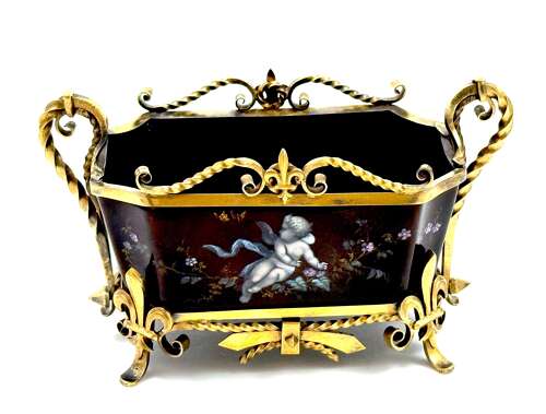 A High Quality French Enamel Vide Poche with Hand Painted Cherubs and Vermeil Mounts