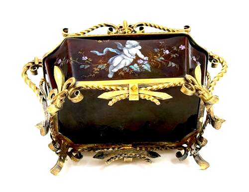 A High Quality French Enamel Vide Poche with Hand Painted Cherubs and Vermeil Mounts