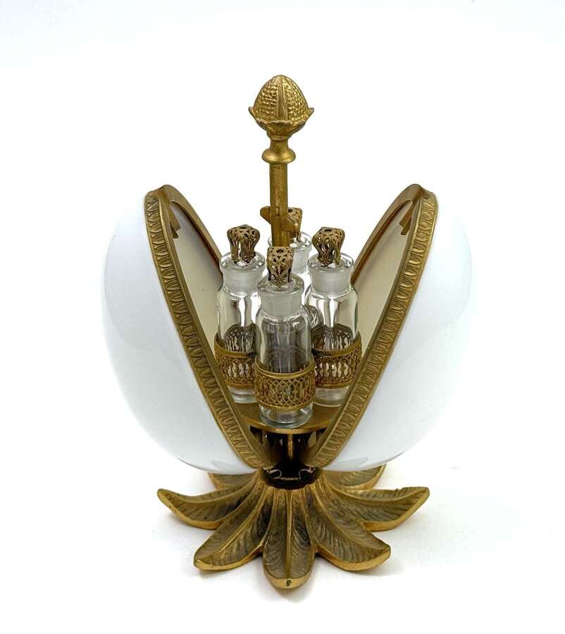 An Elegant Large French White Opaline Glass and Gilt Bronze Egg Form Perfume Set