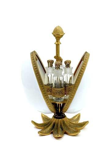 An Elegant Large French White Opaline Glass and Gilt Bronze Egg Form Perfume Set