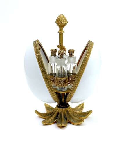 An Elegant Large French White Opaline Glass and Gilt Bronze Egg Form Perfume Set