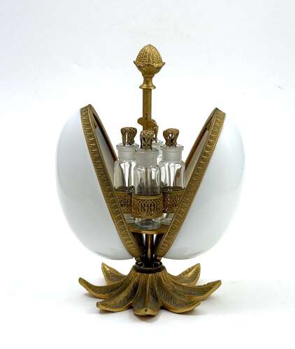 An Elegant Large French White Opaline Glass and Gilt Bronze Egg Form Perfume Set