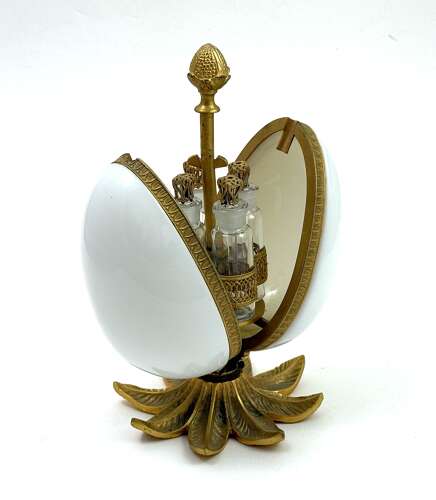 An Elegant Large French White Opaline Glass and Gilt Bronze Egg Form Perfume Set