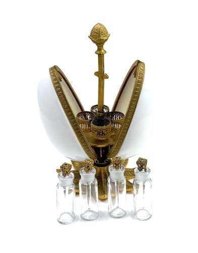 An Elegant Large French White Opaline Glass and Gilt Bronze Egg Form Perfume Set