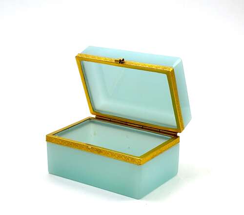 A Large than Usual Antique Aqua Opaline Glass Casket with Fancy Mounts and S-Shaped Clasp