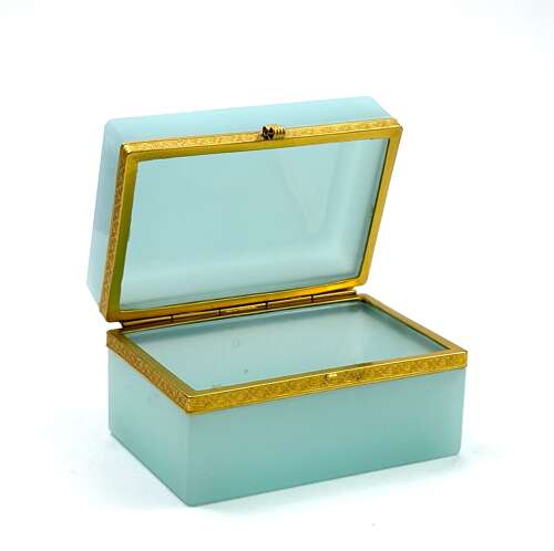 A Large than Usual Antique Aqua Opaline Glass Casket with Fancy Mounts and S-Shaped Clasp
