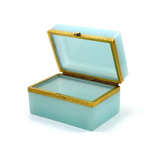 A Large than Usual Antique Aqua Opaline Glass Casket with Fancy Mounts and S-Shaped Clasp