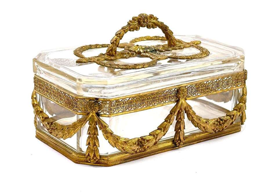 A Fine Antique French Cut Crystal Casket with Rich Classical Dore Bronze Mounts.