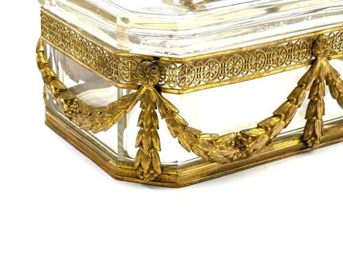 A Fine Antique French Cut Crystal Casket with Rich Classical Dore Bronze Mounts.