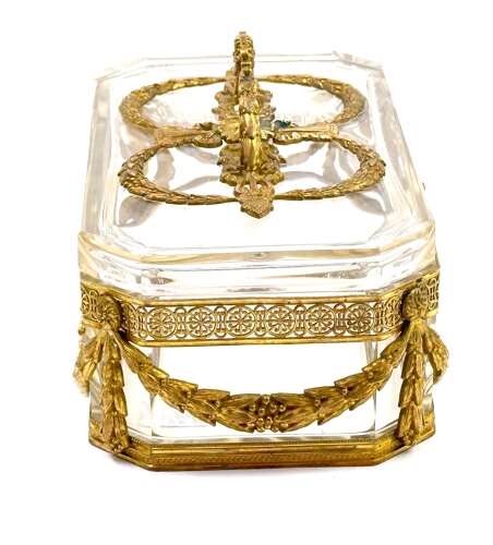 A Fine Antique French Cut Crystal Casket with Rich Classical Dore Bronze Mounts.