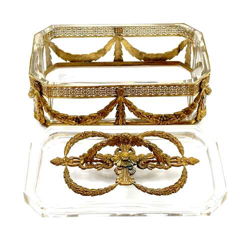 A Fine Antique French Cut Crystal Casket with Rich Classical Dore Bronze Mounts.
