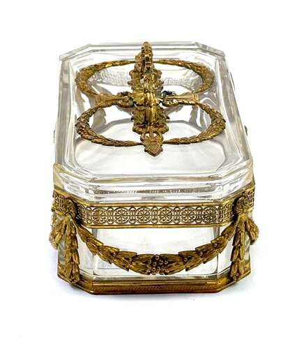 A Fine Antique French Cut Crystal Casket with Rich Classical Dore Bronze Mounts.