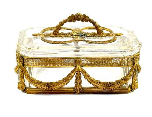 A Fine Antique French Cut Crystal Casket with Rich Classical Dore Bronze Mounts.