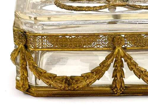 A Fine Antique French Cut Crystal Casket with Rich Classical Dore Bronze Mounts.
