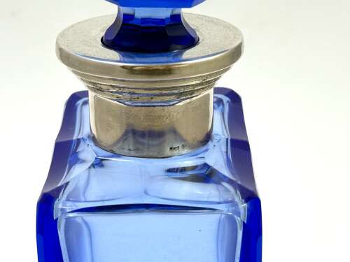 A Striking Art Deco 'Portofino Blue' Glass Decanter with Silver Collar.
