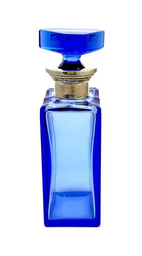 A Striking Art Deco 'Portofino Blue' Glass Decanter with Silver Collar.